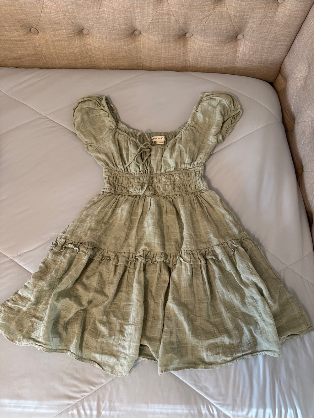 Aeropostale Girls Sage Green Smocked Waist Tiered Dress - Size XS